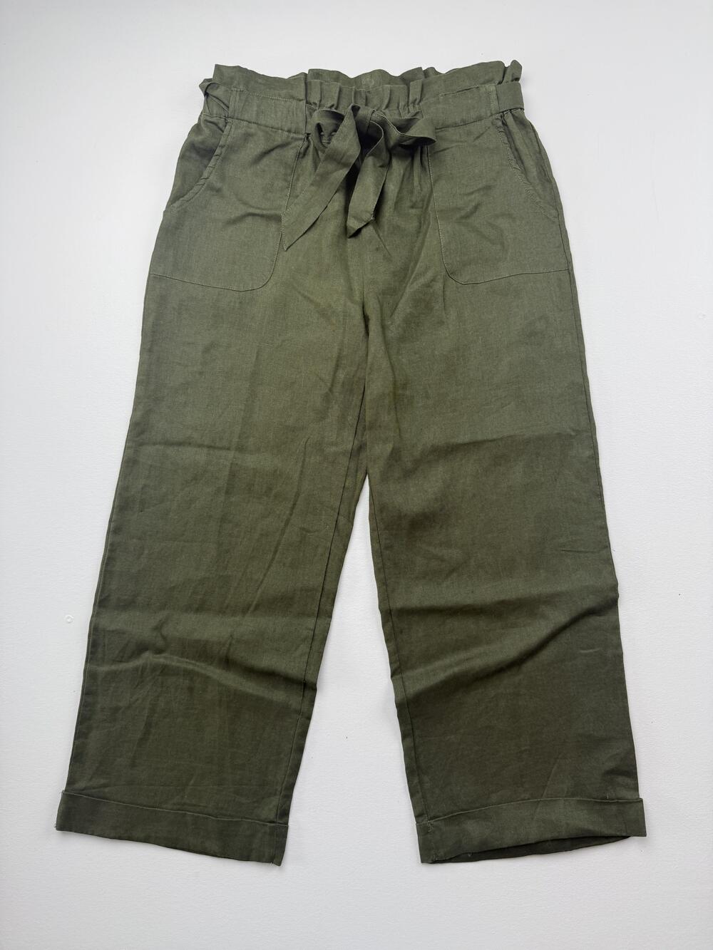 For Cynthia Pants Womens PM Green Linen Paperbag Waist Belted Crop Casual Twill
